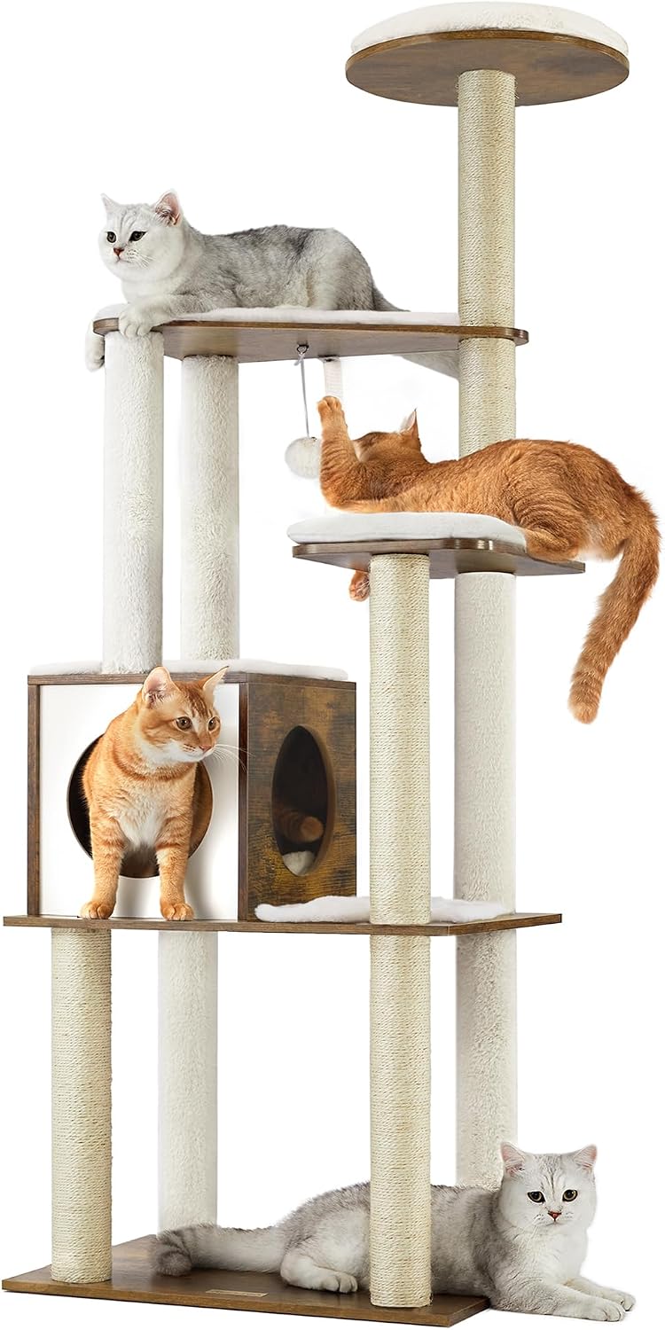 Deluxe 64.6-Inch Multi-Level Cat Tree with 5 Scratching Posts for Ultimate Play and Comfort